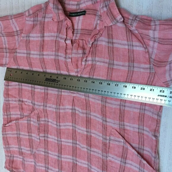 Tancredi & Morgen Women's Large Split Neck 2/4 Sleeve Pink Plaid Linen Tunic Top - Picture 4 of 6